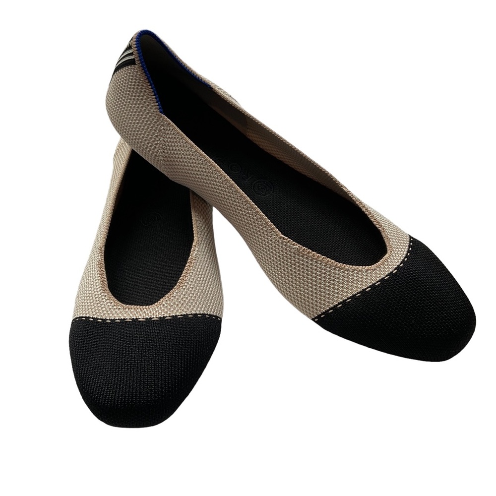 Rothy’s size 12.5 Tan Black Blue Tuxedo square toe washable ballet flat